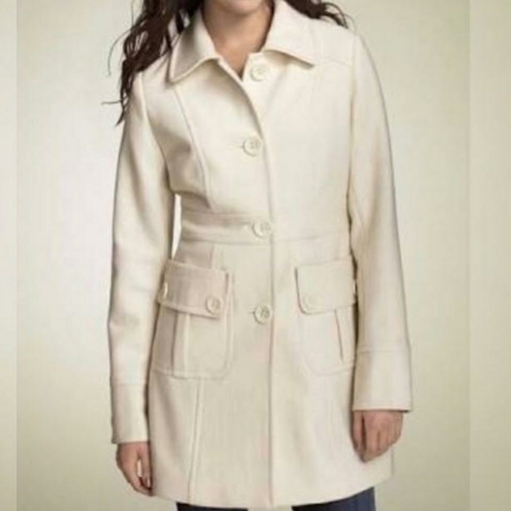 Anthropologie Tulle Cream Off White Pea Coat L